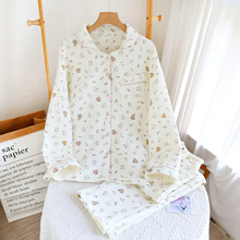 新款绉布四层纱布睡衣春秋女款田园加厚款翻领可外穿家居服套装