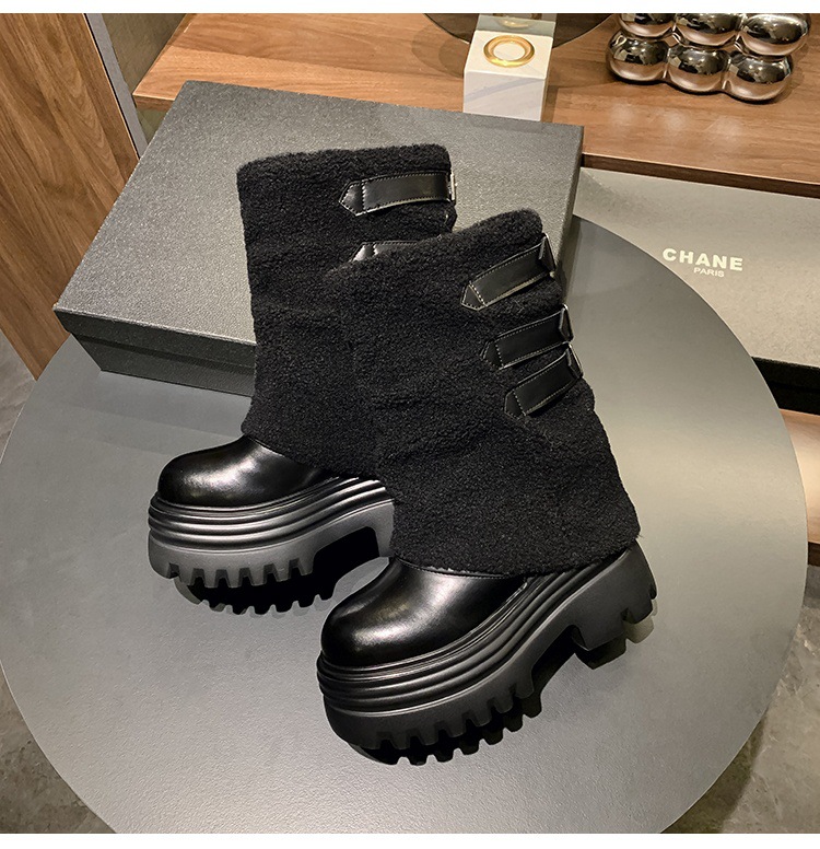 Giày boot nữ cổ thấp đế dày lông ấm khóa thắt lưng — Trắng nhạt 15CM chi tiết 21