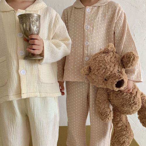 Children's Korean pajamas baby spring and autumn pure cotton gauze polka dot boys long-sleeved suit boys and girls home clothes