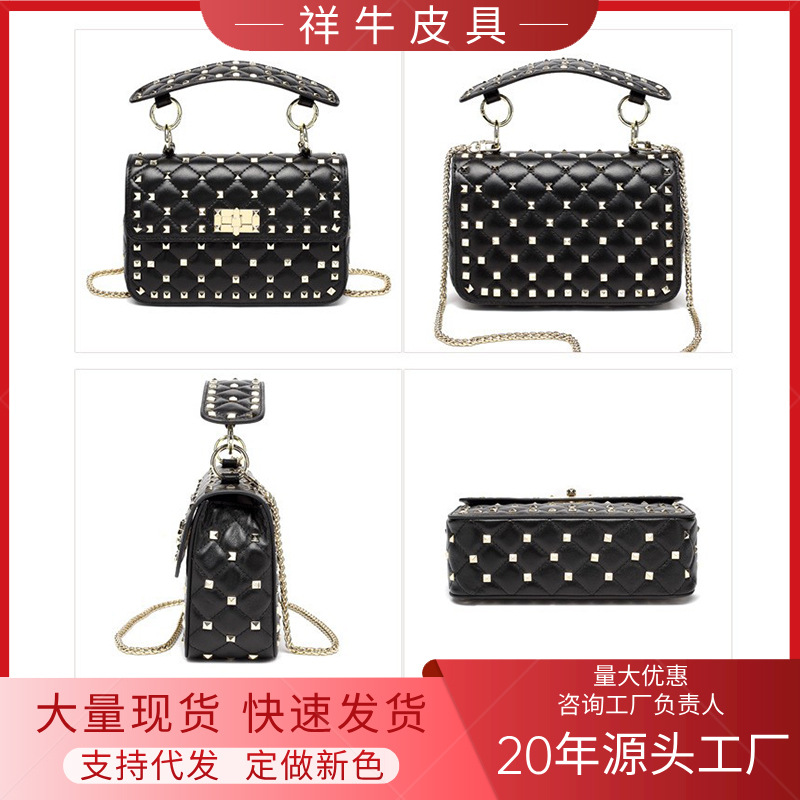 2021新款时尚链条包羊皮铆钉小方包手提包单肩真皮女包包广州货源