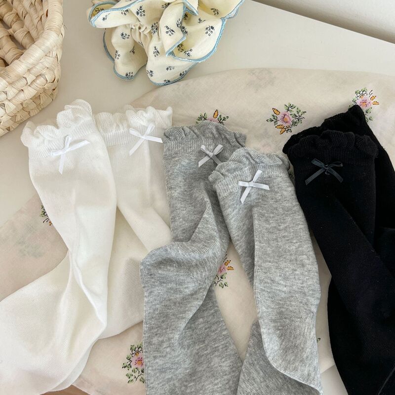 Bow lace socks autumn and winter new simple tube girl sweet all-match breathable black and white gray basic daily