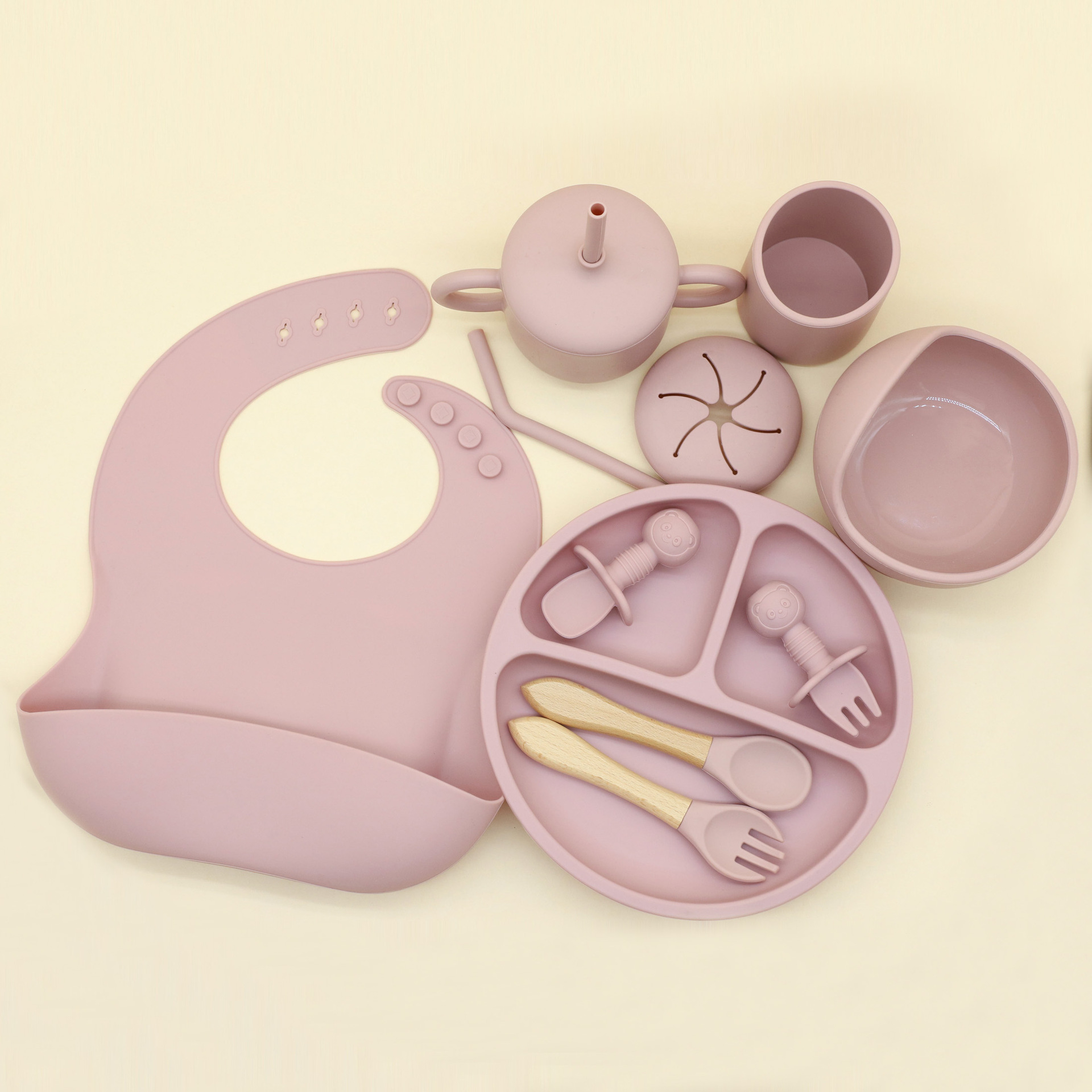 Conjunto de cubiertos de silicona para bebés transfronterizos Baodle Bowl Paws Cups and Fork Multiple Pieces Conjunto de platos de comida suplementaria cubiertos de alimentación