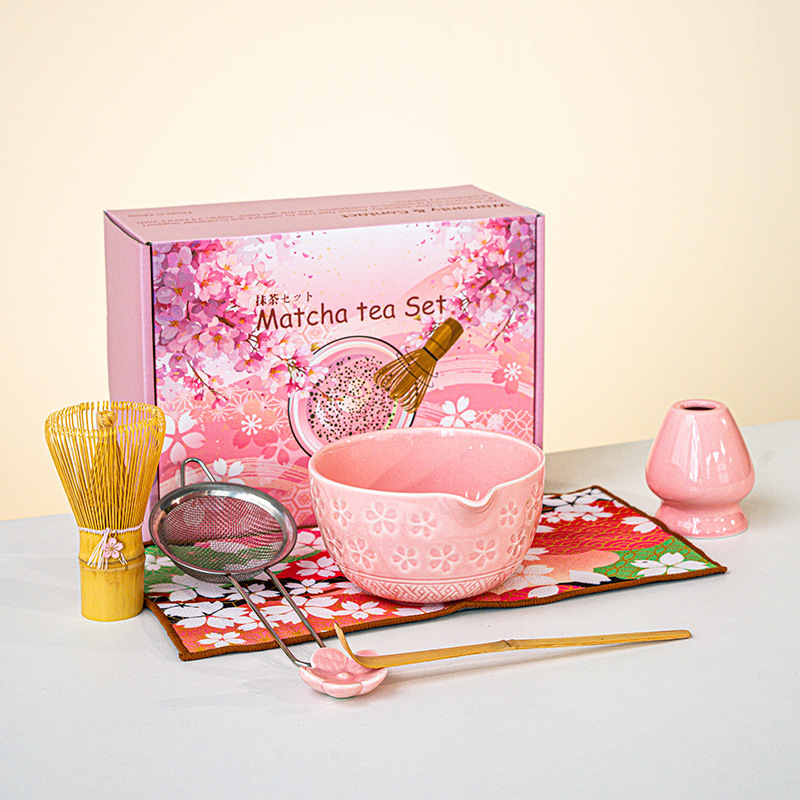 日本製抹茶茶器セット 桜ボウル 注ぎ口付き 8点セット フルセット カラーボックス ピンク付き|undefined