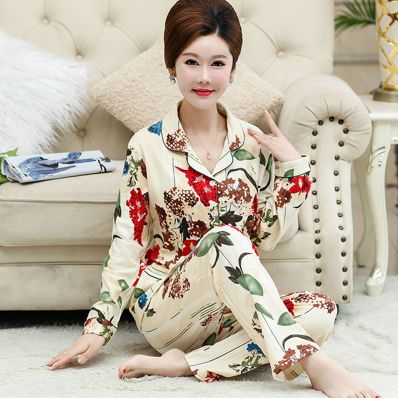 Pijamas de mamá de mediana edad para mujer otoño 100% algodón de manga larga para el hogar cardigan de mediana edad y ancianos traje suelto de primavera y otoño