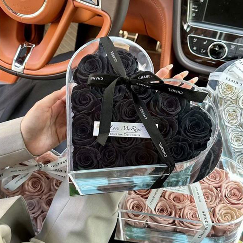 Rosa eterna de flores reales con temática de amor, producto terminado en caja de regalo acrílica, un regalo de alta gama para novia en el Día de San Valentín chino.