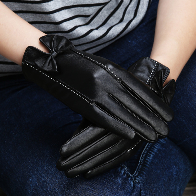Autumn and Winter Leather Gloves Women's Thin Touch Screen Driving and Riding Motorcycle Gloves Pu Leather Plus Velvet Hand Repair Model_voghion.com