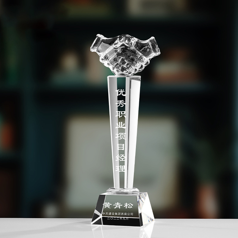 Trofeo de cristal de grabación reunión anual de competición de premios medallas de metal de madera sólida colorido trofeo de cristal impreso