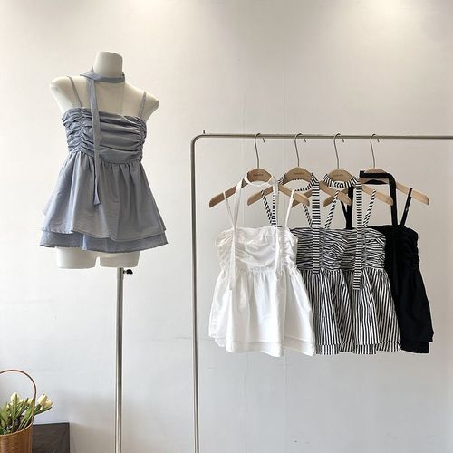 Sweet and Spicy One-Shoulder Strappy Tank Top with Off-the-Shoulder Neckline, Women's 2025 Summer New Korean Style Versatile Skirted Blouse
