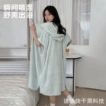 ins带帽浴裙浴巾式浴袍女可爱斗篷浴巾家居可穿可裹游泳连帽浴裙
