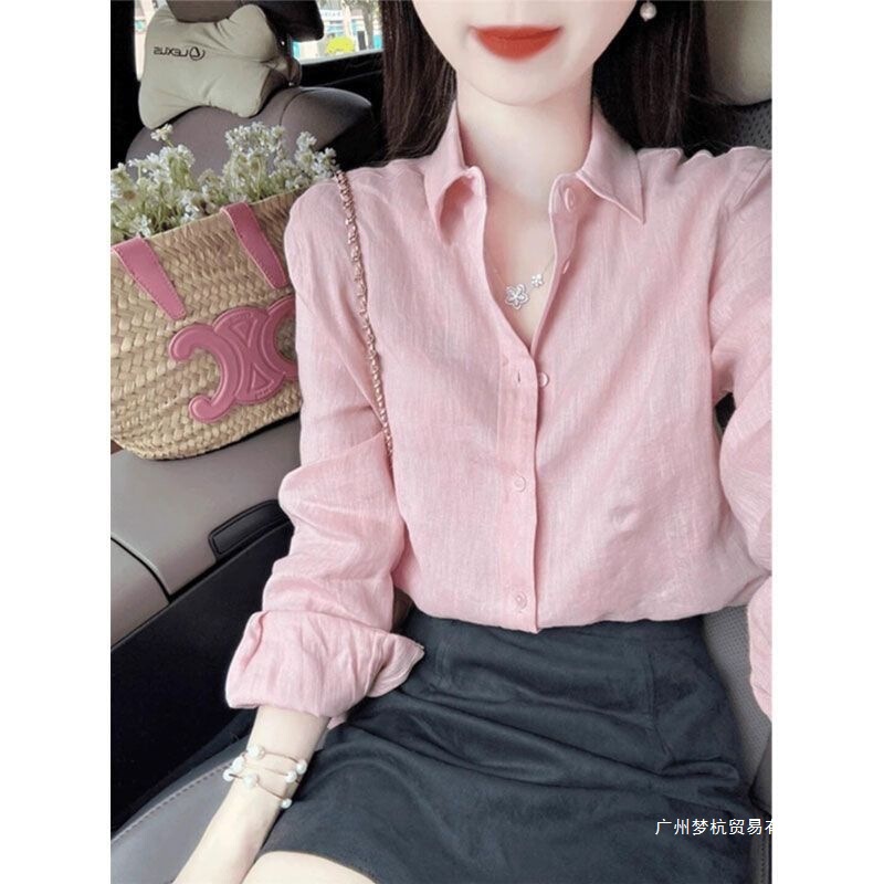 Age-Reducing Tops, Light Luxury Shirts for Women, Spring and Autumn Style, Western Style, Commuting Style, Pink Lapels, Light and Mature Style Design Splicing
