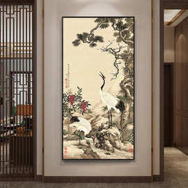 盈浩 入户玄关装饰画国风古画新中式竖版挂画茶室过道松梅双鹤图