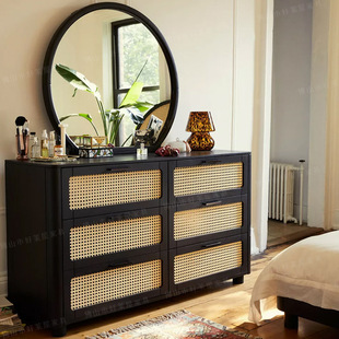 Black French Style Six-drawer Cabinet Retro Rattan Simple Locker-Silent Style Sideboard Small Apartment Household Entrance Cabinet