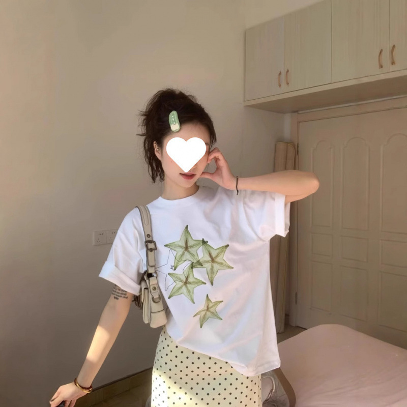 韓国ニッチホワイト半袖シャツ女性の夏楽しいタネギプリントルーズカジュアルヘビーウェイトコットントップ|undefined