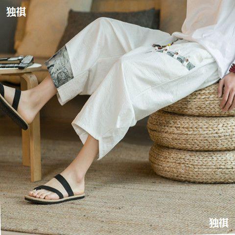 Summer thin Chinese-style linen patchwork five-pocket shorts for men in large sizes, harem cotton linen seven-pocket pants