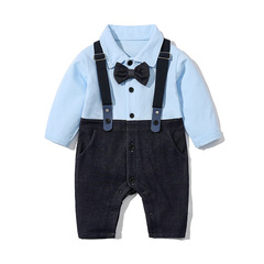 Baby romper, spring and autumn long-sleeved gentleman's sling jumpsuit, handsome 100-day boy baby one-year-old romper