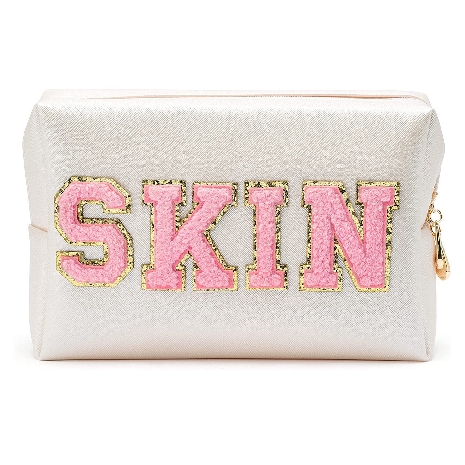 Amazon parche carta maquillaje bolsa con Rosa chenille letras PU cuero impermeable bolsa de cosméticos