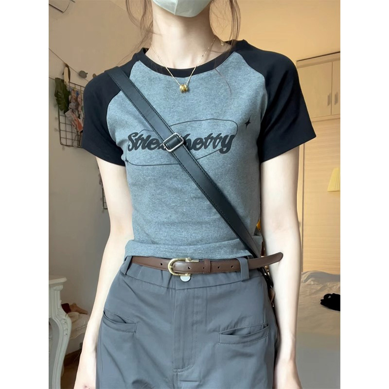 Hot American Top Color-matching Raglan Sleeve Short-sleeve T-shirt Women's Summer Slim-fit Shoulder Spice Girl Slim-fit Short Top