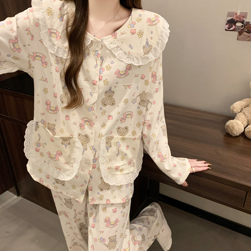 春と秋の韓国版の雲の綿の長袖の甘いネットの赤いパジャマの女性のモデルの漫画の熊のレースの家庭服のスーツの卸売り|undefined
