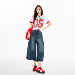 2025年夏季新款复古水洗做旧质感高腰宽松阔腿七分牛仔裤女