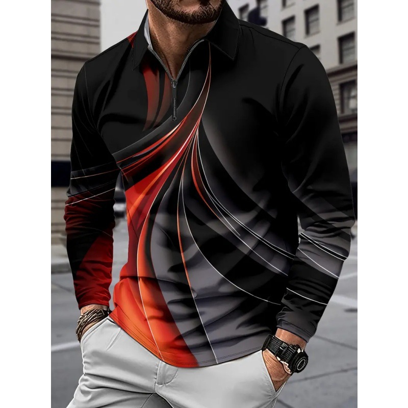 Venta caliente colorido 3D geométrico halo estampado hombre calle alta moda salvaje manga larga suelta cremallera transpirable camisa POLO