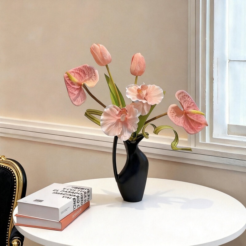 Artificial flowers, a luxurious arrangement of tulips and red palms, in a ceramic vase – a decorative piece for the entryway or living room, adding a touch of elegance Artificial flowers, a luxurious arrangement of tulips and red palms, in a ceramic vase – a decorative piece for the entryway or living room, adding a touch of elegance