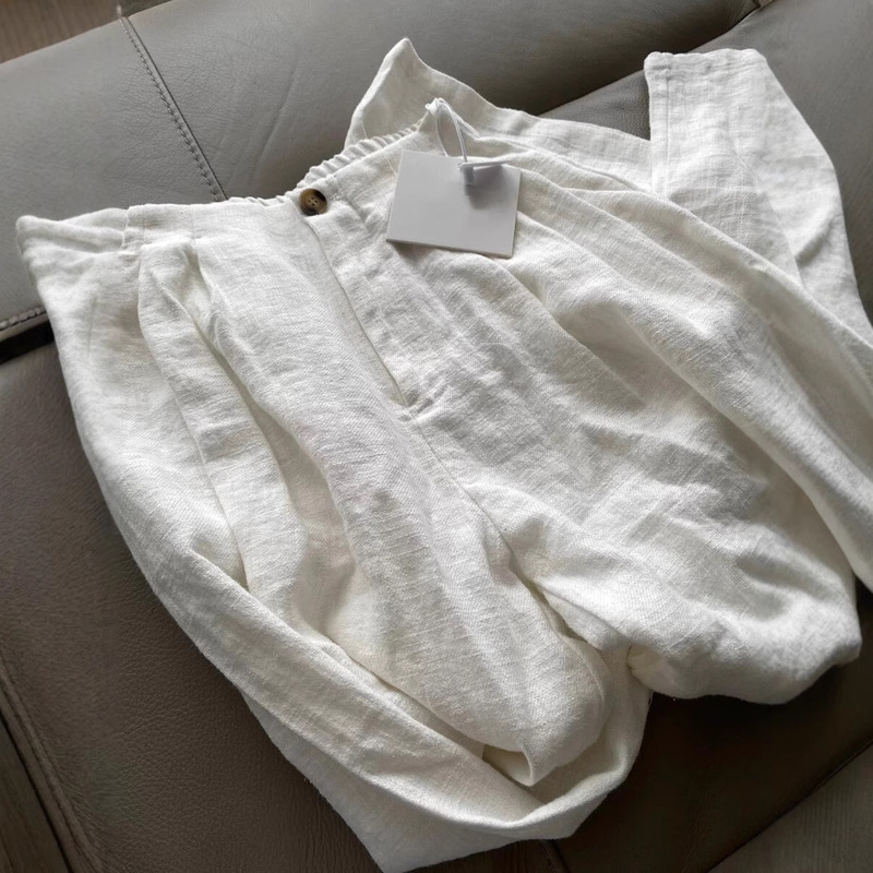 Temperament Crazy Bonus with Slack Sunscreen White Linen Lazy Draping High Waist Wide Leg Trousers
