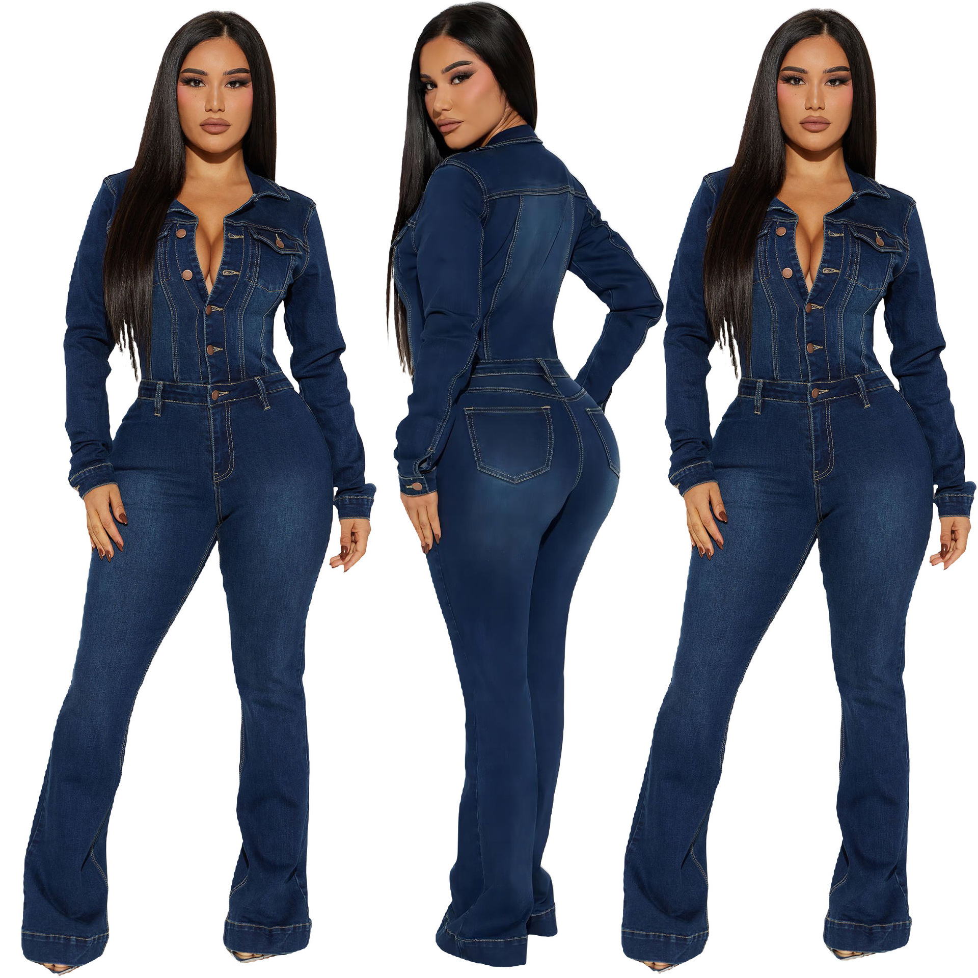 Foreign Trade European and American Cross-Border Single-Breasted Stand-Up Collar Slim-Fit Women's Elastic Washed Long-Sleeve Denim Jumpsuit