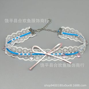 New Fresh and Sweet Lolita Bow Choker Pink and Blue Contrasting Sweet Lace Choker Clavicle Chain