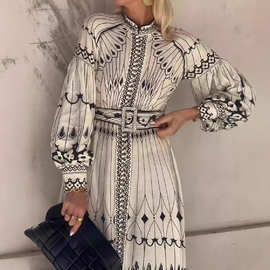 欧美跨境2025宫廷风气质优雅复古长袖腰带系扣印花连衣裙女3D印花