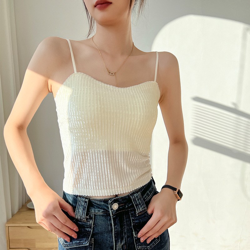 가을과 겨울 황금 벨벳 작은 카미 솔 조끼 여성의 아름다운 등 브래지어 원피스 병 따뜻한 탑 가슴 패드 인 가벼운 럭셔리
