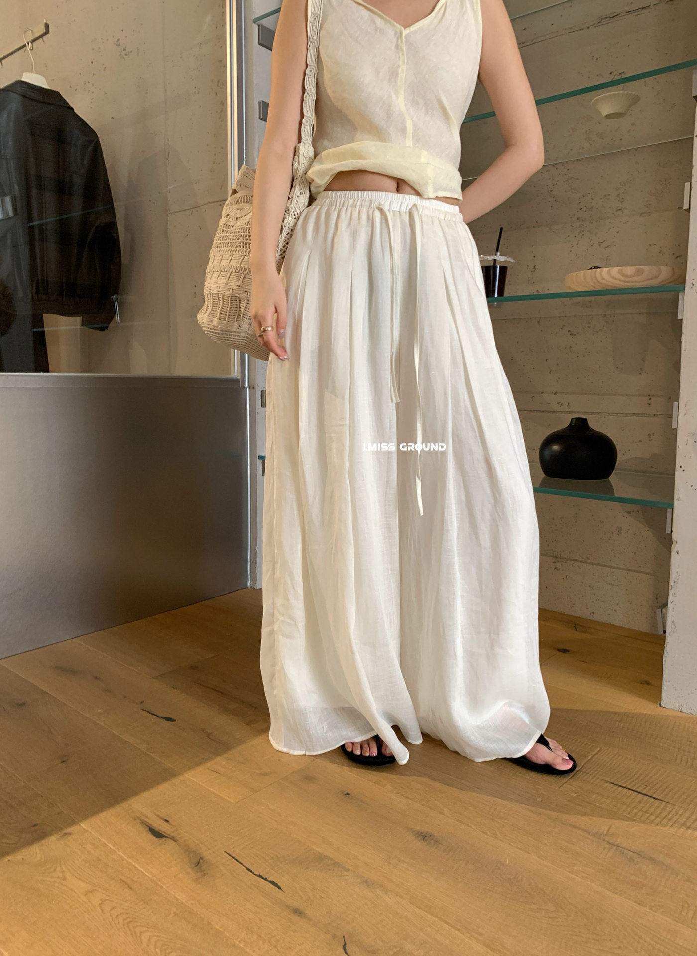 Quần culottes ống rộng chất liệu ramie mát mẻ, cạp chun, phong cách nghỉ dưỡng — màu hồng, Màu xanh sữa, màu mơ chi tiết 10