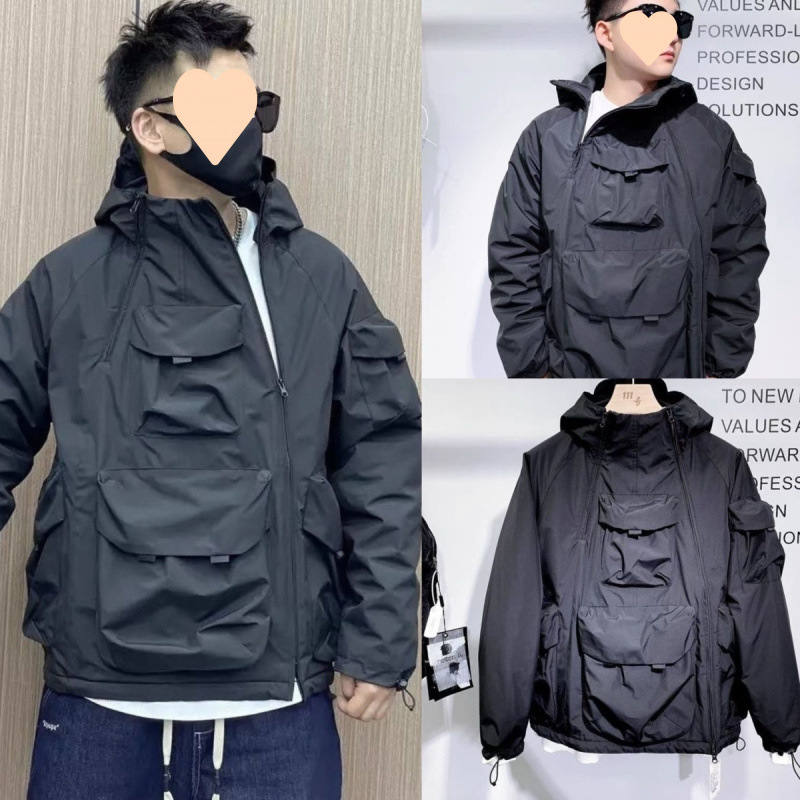FEIFAN XIAN SHANG 남자의 가을과 겨울 새로운 후드 대형 포켓 더블 지퍼 툴링 충전 루즈면 패딩 재킷 툴링 스타일