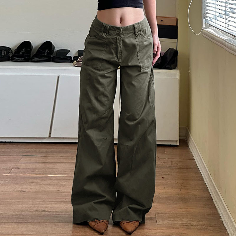 秋季欧美复古辣妹休闲梭织长裤hiphop显瘦阔腿降落伞美式工装裤女|undefined
