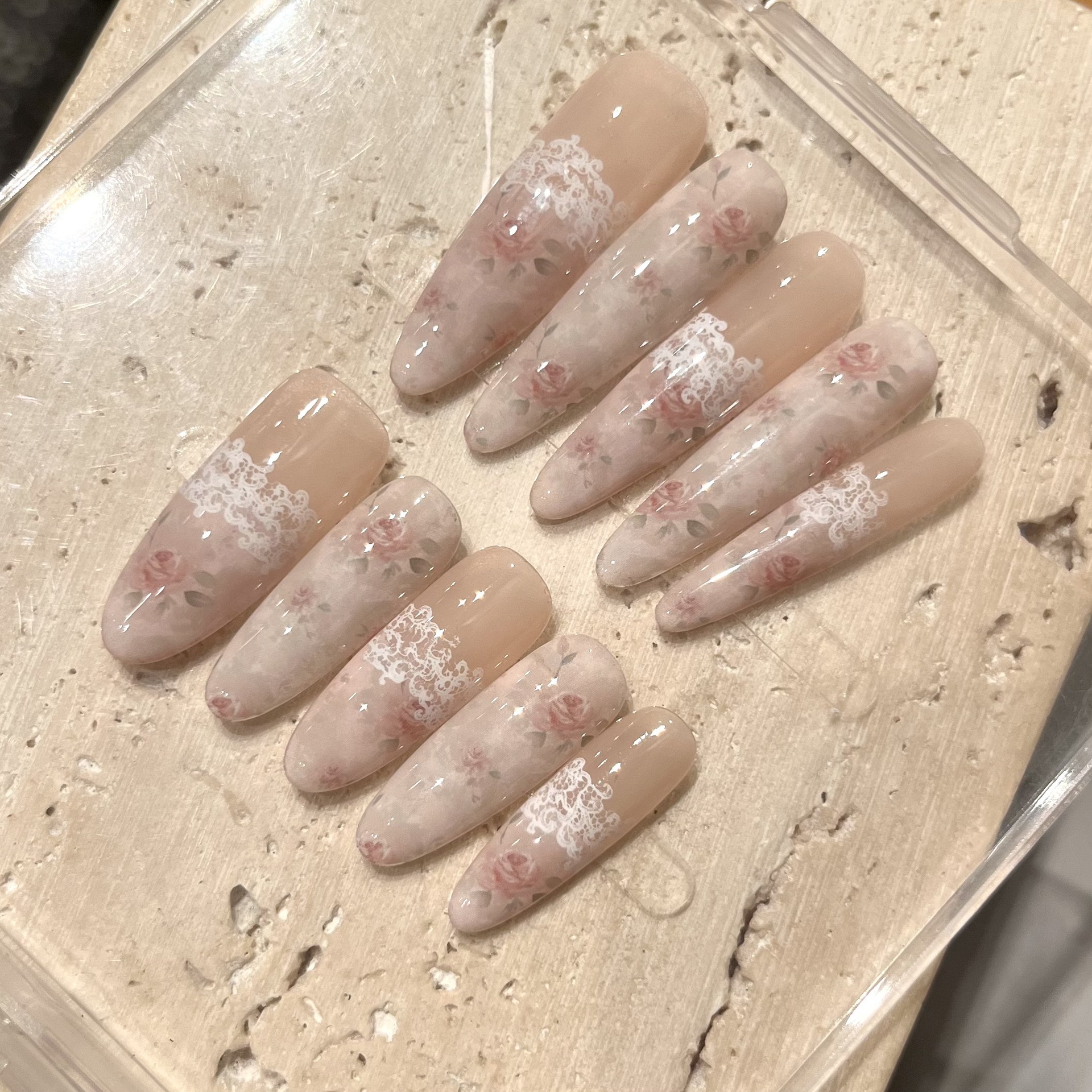 【White Rose】Handmade Wearable Nails, Vintage Rose Nude Color, Light Luxury Wearable Nails, Lace Pure Desire Nail Stickers