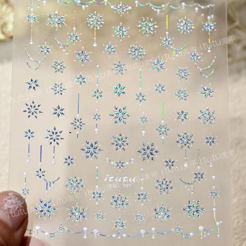 Nuevo colorido cristal de hielo de nieve relieve pegatinas de uñas de invierno Navidad láser de uñas diamante pequeño patrón de copo de nieve