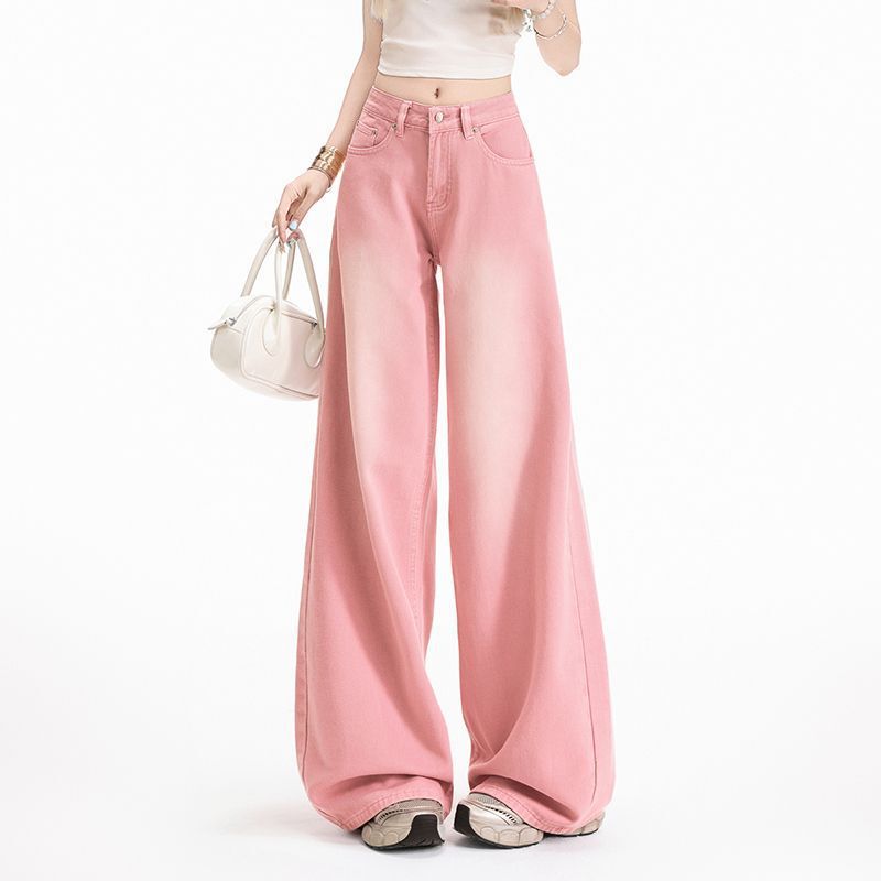 American Pink Faded Gradient Wide-Leg Jeans for Women Summer New High-Waisted Loose Straight Thin Casual Pants