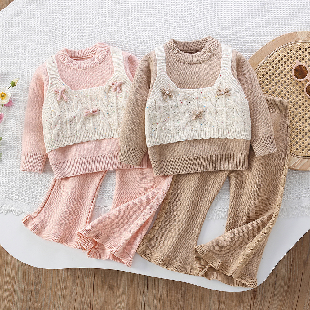 女童毛衣套装秋冬新款韩版假两件小女孩针织套头衫长裤儿童两件套