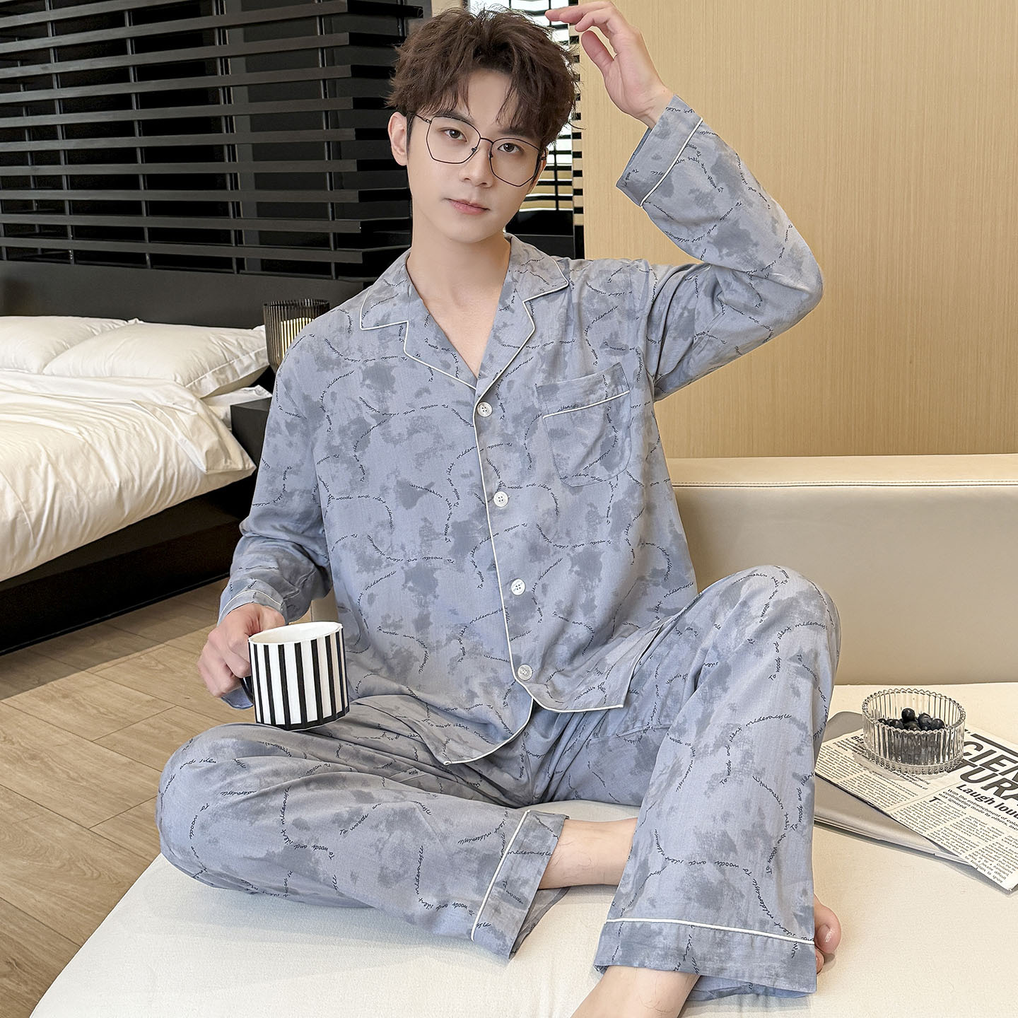 Cotton Silk Pajamas for Men, Long-Sleeved and Long-Pants, Stylish Cardigan-Style Loungewear for Middle-Aged and Elderly Dads, Cotton Silk Set That Can Be Worn Outside