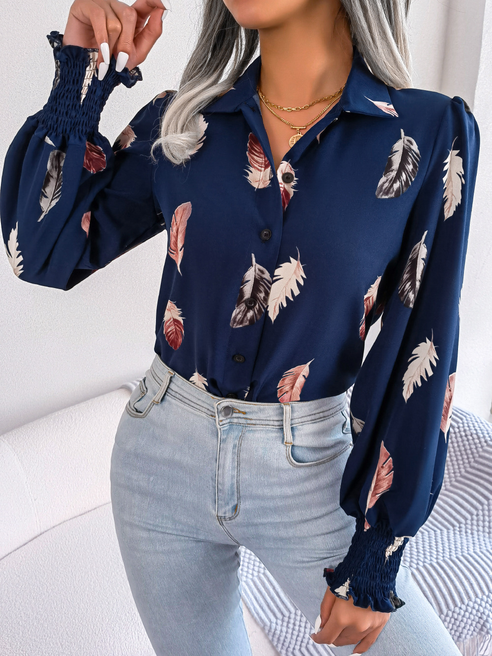 Women's Blouse Long Sleeve Blouses Button Casual Feather display picture 5