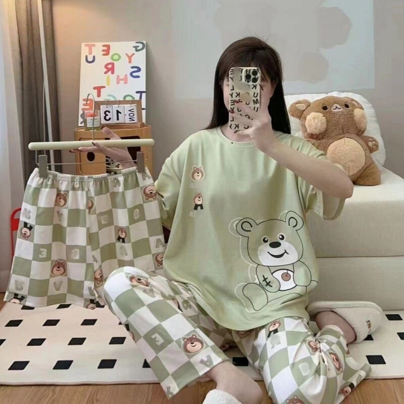 Hot-Selling Women's Summer Pajamas, Round Neck, Short Sleeves, Long Pants, Cartoon Print Three-Piece Set, Cross-Border Set, Large Quantity Discount