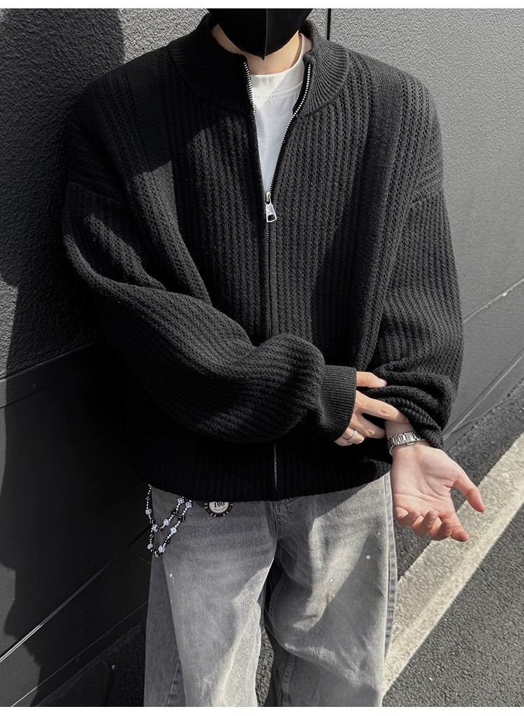 Men's Stand Collar Knit Cardigan Oversized Pullover Sweater_voghion.com