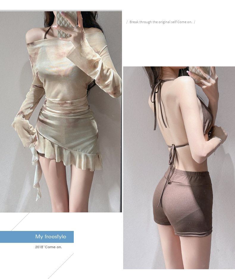Women's Retro Three Piece Swimsuit Set Long Sleeved Bikini Slimming Flattering Irregular Skirt Style For Hot Springs_ecoleips.com