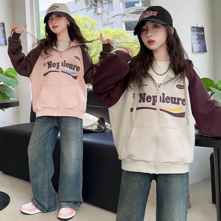 Girls' Coat with Hood, Long Sleeves, Spring and Autumn Wear, 2026 New Style, Loose Korean Style Top, Cardigan Jacket for Older Children