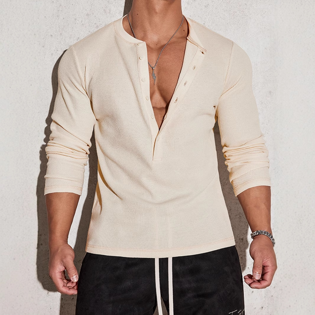 Comercio exterior transfronterizo de caño deportes para hombres acondicionamiento de ocio cuello vertical elástico manga larga cuello en V camisa polo para hombres image 7
