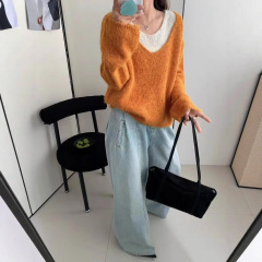 2025秋季新款套头假两件毛衣女外搭韩版V领宽松女装针织秋装上衣