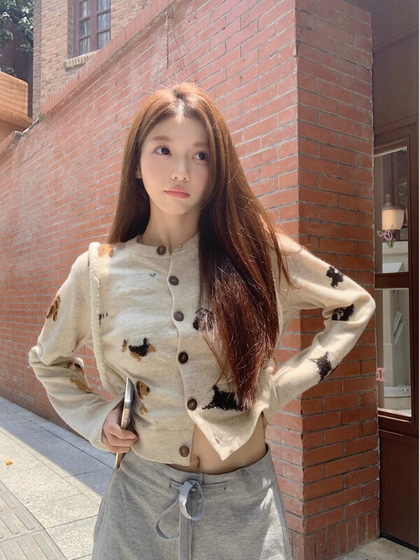 6079# Cute Puppy Jacquard Long Sleeve Knitted Sweater Cardigan Women's Autumn New Slim Fit Slim Short Top Trendy