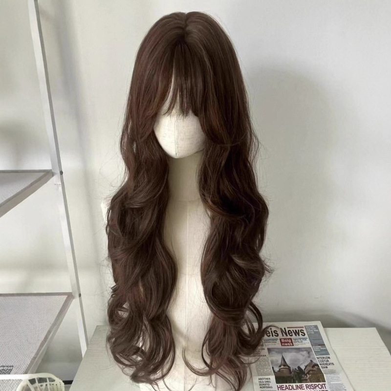 [Barbie doll] wig women 85cm cold brown long curly hair big waves neat bangs daily full head cover