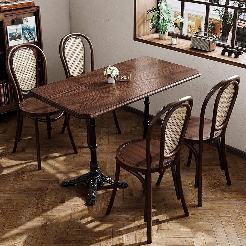 Mesa y silla de cafetería americana retro francesa panadería de comida ligera dulces tienda de azúcar y agua bistrona mesa de madera maciza image 6