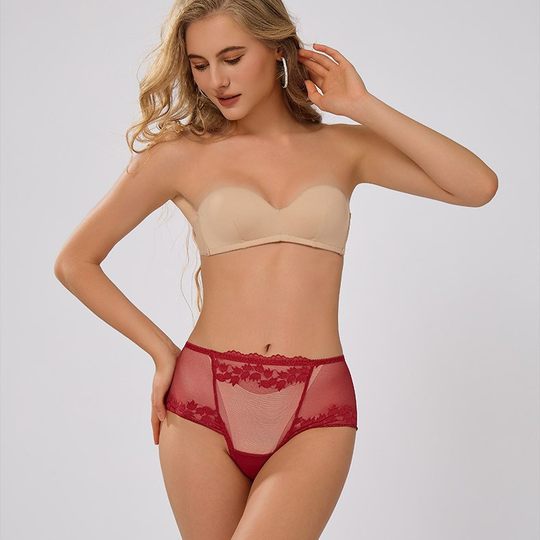 Cross-Border European and American Large Size Sexy Women's Lace Underwear High Waist Hollow Breathable Briefs Manufacturer Wholesale 9002