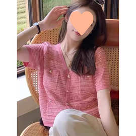 粉色小香风冰丝针织衫短袖女夏季薄款宽松减龄针织开衫短款上衣